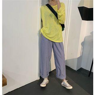 Long-sleeve Plain T-shirt / Striped Wide-leg Pants