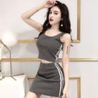 Set: Striped Trim Cropped Tank Top + Mini Fitted Skirt