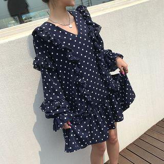 Polka Dot Long-sleeve Ruffle Chiffon Dress As Shown In Figure - One Size