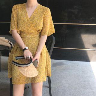 Elbow-sleeve Floral Chiffon A-line Mini Dress