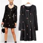 Long-sleeve Embroidered Buttoned Dress