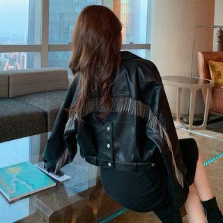 Fringed Trim Faux-leather Jacket