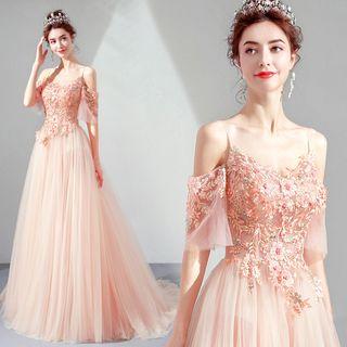 Elbow-sleeve Cold Shoulder Embellished A-line Evening Gown