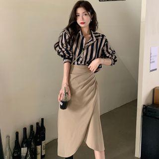 Long-sleeve Striped Shirt / Slit Ruched Midi Skirt