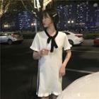 Color-block Bow-accent Short-sleeve Knit Dress