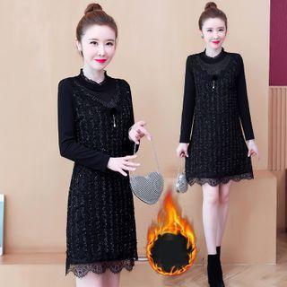 Long-sleeve Mock-neck Mini A-line Lace Dress