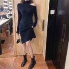 Long-sleeve Mock-neck Mini A-line Knit Dress Black - One Size