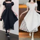 Puff-sleeve Lace Irregular Midi Dress