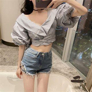 Striped Elbow-sleeve Twist Cropped Blouse As Shown In Figure - One Size