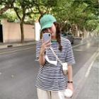 Crew-neck Color-block Striped Oversized Tee As Shown In Figure - One Size