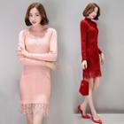 Turtle Neck Lace Panel Hem Knit Sheath Dress