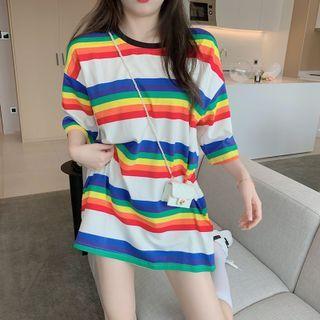 Elbow-sleeve Rainbow Striped Top Stripes - One Size