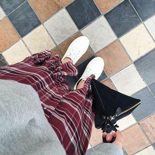 Asymmetric Frill-hem Plaid Long Skirt