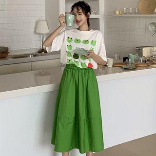 Short-sleeve Frog Print T-shirt / Midi A-line Skirt