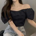 Puff-sleeve Off-shoulder Ruffled Cropped Blouse