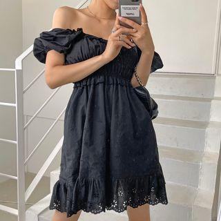 Puff-sleeve Frilled Eyelet-lace Dress