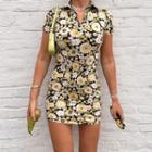 Short Sleeve Floral Print V-neck Mini Bodycon Dress