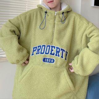 Lettering Faux Shearling Half-zip Pullover