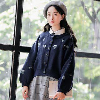 Flower Embroidered Long-sleeve Knit Cardigan