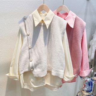Set: Plain Shirt + Faux Pearl Sweater Vest