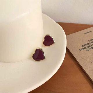 Heart Earring 1 Pair - Ear Studs - 925 Silver - Wine Red - One Size