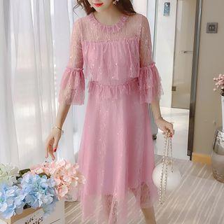 Bell-sleeve A-line Midi Lace Dress
