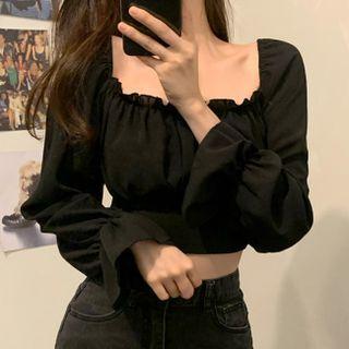 Cropped Open-back Long-sleeve Shirt Black - One Size