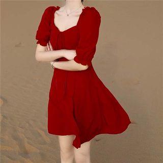 Square Neck Elbow-sleeve Top / A-line Dress
