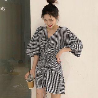 3/4-sleeve Plaid A-line Mini Dress