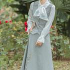 Set: Long-sleeve Floral Embroidered Tie-neck Blouse + Vest + Midi A-line Skirt