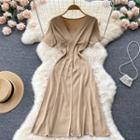 Short-sleeve V-neck Knit Midi A-line Dress