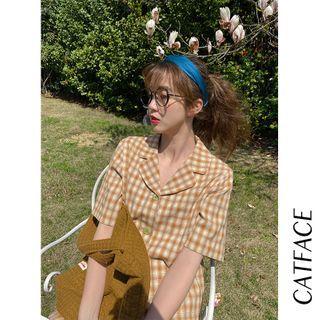 Short-sleeve Plaid Shirt / Midi A-line Skirt
