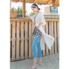 3/4-sleeve Drawstring-waist Perforated Robe Cardigan