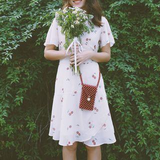 Short-sleeve Cherry Pattern A-line Dress