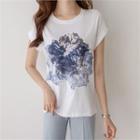 Cuffed-sleeve Floral Print T-shirt Ivory - One Size