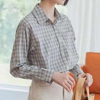 Long-sleeve Plaid Shirt Plaid - Blue & Yello - One Size