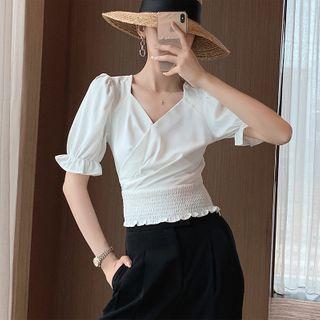 Plain Ruffle Trim Short-sleeve Cropped Blouse
