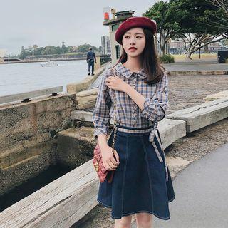 Set: Long-sleeve Plaid Shirt + Mini A-line Denim Skirt