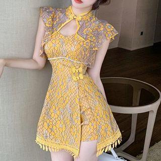 Cutout Lace Short-sleeve Qipao + Shorts