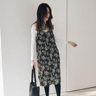 Set: Floral Print Chiffon Dress + High-neck Long-sleeve Knit Top