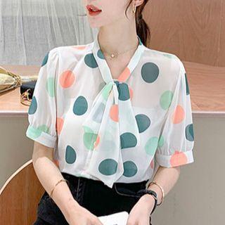 Tie-neck Short-sleeve Dotted Chiffon Blouse