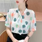 Tie-neck Short-sleeve Dotted Chiffon Blouse