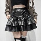 Ruffle Hem Lace-up Faux Leather Mini A-line Skirt