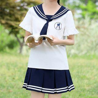 Short-sleeve Rabbit Embroidered Blouse / A-line Skirt / Set