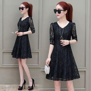 Long-sleeved A-line V-neck Plain Lace Sheath Dress