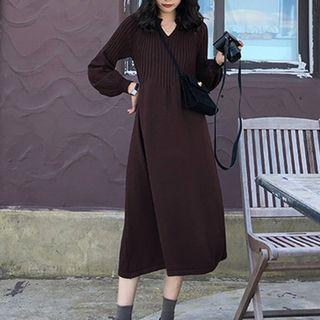 Puff-sleeve Midi A-line Sweater Dress