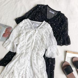 Set: Bell-sleeve Sequined A-line Dress + Spaghetti Strap Dress