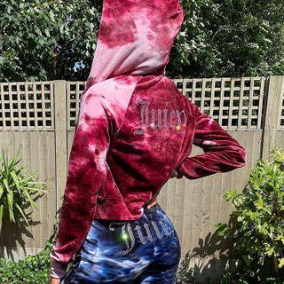 Rhinestone Lettering Tie-dyed Hooded Zip Jacket
