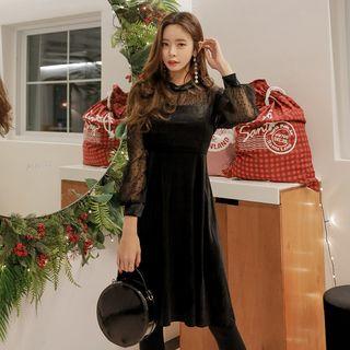 Sheer-yoke Velvet A-line Dress