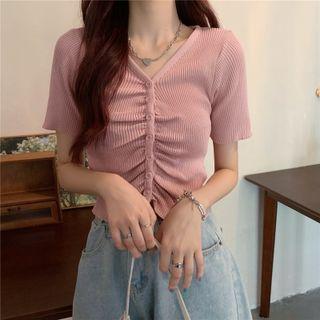 Short-sleeve Shirred Ribbed Knit Top